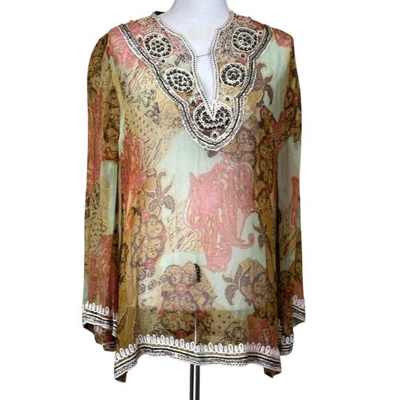 Soft Surroundings rust/green/brown sheer beaded top, bohemian, resort, global - Picture 1 of 7